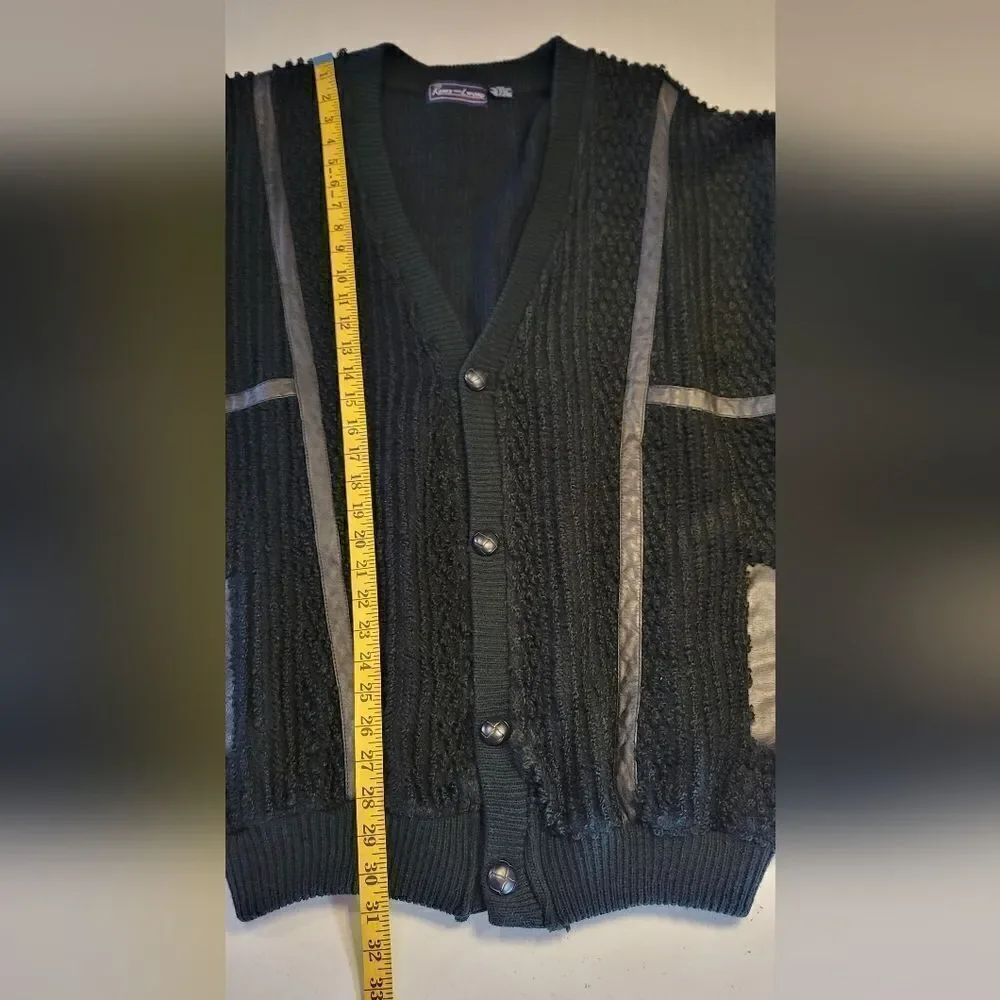 Eclectic Grandpacore Vintage Terry Knit Sweater Cardigan with Leather Trim